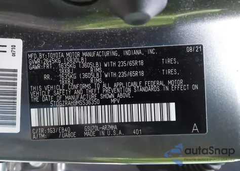 2021 Toyota Highlander Xle из США, поврежденный, VIN 5TDGZRAH9MS536350